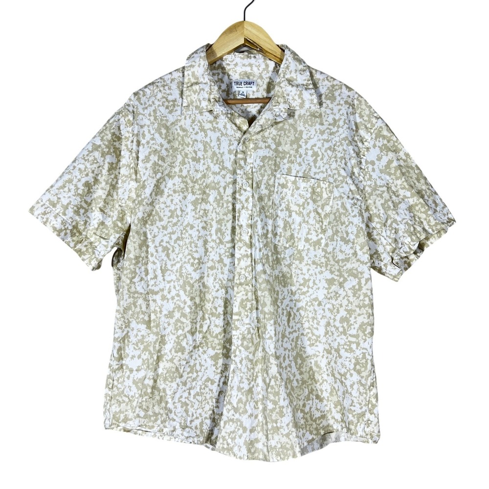 True Craft Abstract Splatter Print Button Up Shirt Tan White Casual Size XL